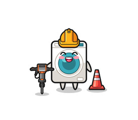 road worker mascot of washing machine holding drill machine
