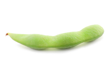 Raw green edamame pod on white background