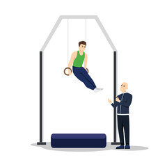 Gymnastic coach and his athlete communicating. Communication of multinational friends. People conversation. Flat vector illustration isolated on white background