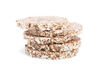 Stack of crunchy buckwheat cakes on white background