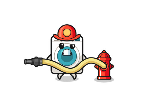 washing machine cartoon as firefighter mascot with water hose