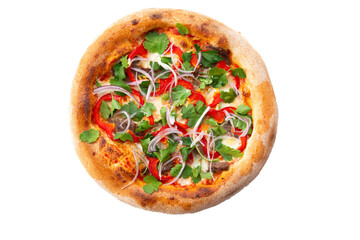 Pizza with meat, peppers and herbs. Transparent.