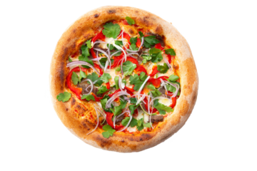 Pizza with meat, peppers and herbs. Transparent.