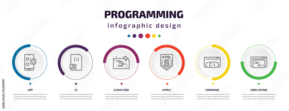 Poster programming infographic element with icons and 6 step or option. programming icons such as app, js, 
