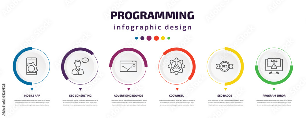 Wall mural programming infographic element with icons and 6 step or option. programming icons such as mobile ap