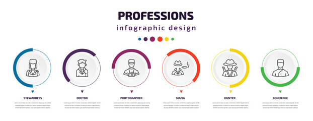 professions infographic element with icons and 6 step or option. professions icons such as stewardess, doctor, photographer, mafia, hunter, concierge vector. can be used for banner, info graph, web,