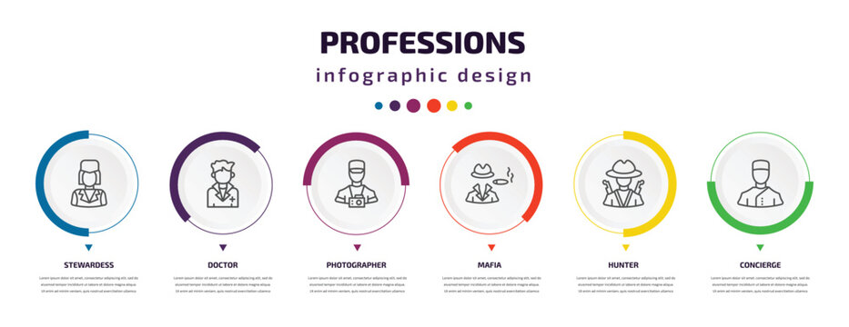 Professions Infographic Element With Icons And 6 Step Or Option. Professions Icons Such As Stewardess, Doctor, Photographer, Mafia, Hunter, Concierge Vector. Can Be Used For Banner, Info Graph, Web,