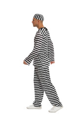 Prisoner in striped uniform on white background