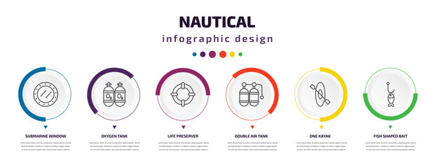 nautical infographic element with icons and 6 step or option. nautical icons such as submarine window, oxygen tank, life preserver, double air tank, one kayak, fish shaped bait vector. can be used