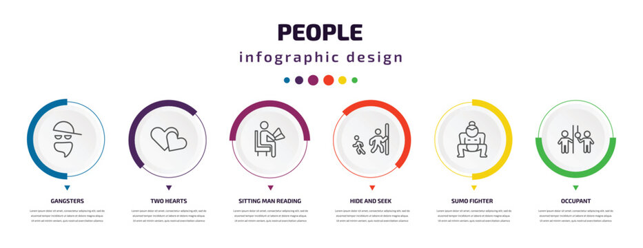 People Infographic Element With Icons And 6 Step Or Option. People Icons Such As Gangsters, Two Hearts, Sitting Man Reading, Hide And Seek, Sumo Fighter, Occupant Vector. Can Be Used For Banner,