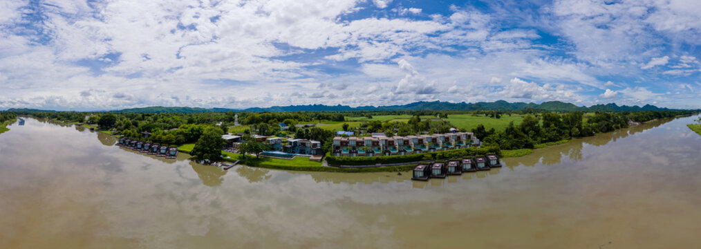 Kanchanaburi Thailand August 2022, a luxury resort alongside the River Kwai, is popular for kayaking on the river. 