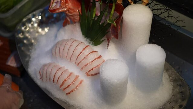Fresh lobster on Ice Oriental Cuisine Slow-Mo 4k