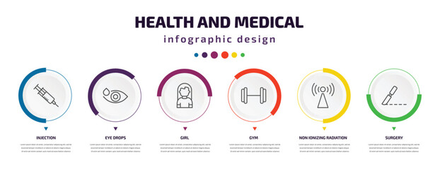 health and medical infographic element with icons and 6 step or option. health and medical icons such as injection, eye drops, girl, gym, non ionizing radiation, surgery vector. can be used for