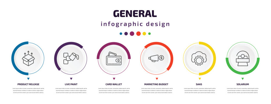 General Infographic Element With Icons And 6 Step Or Option. General Icons Such As Product Release, Live Paint, Card Wallet, Marketing Budget, Saas, Solarium Vector. Can Be Used For Banner, Info