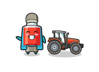 the toothpaste farmer mascot standing beside a tractor