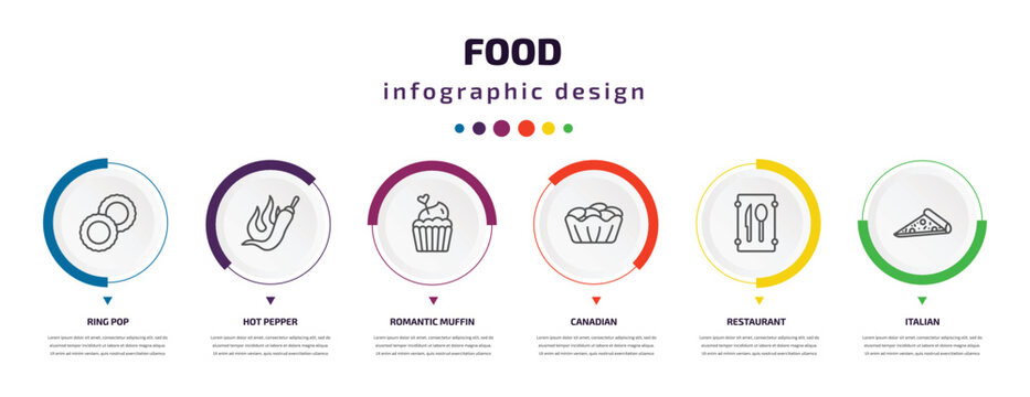 food infographic element with icons and 6 step or option. food icons such as ring pop, hot pepper, romantic muffin, canadian, restaurant, italian vector. can be used for banner, info graph, web,