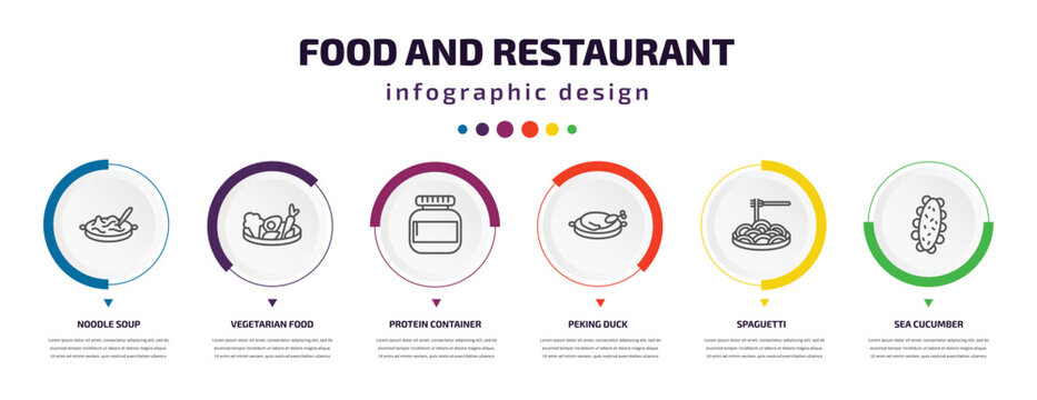 food and restaurant infographic element with icons and 6 step or option. food and restaurant icons such as noodle soup, vegetarian food, protein container, peking duck, spaguetti, sea cucumber