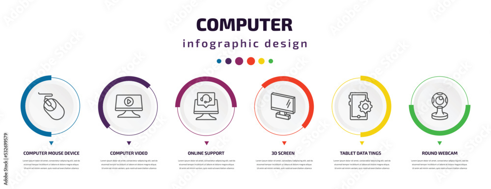 Poster computer infographic element with icons and 6 step or option. computer icons such as computer mouse 