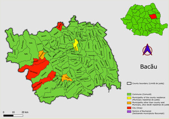 Vector map of the administrative divisions of Bacau county with communes, city, municipalities, county seats  