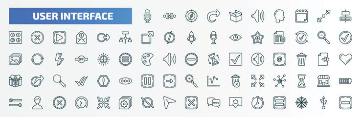special lineal user interface icons set. outline icons such as mic, open box, horizontal alignment, , zoom out, minus, connectivity, humans, forbbiden, hour line icons.