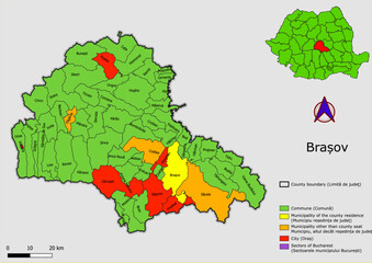 Vector map of the administrative divisions of Brasov  county with communes, city, municipalities, county seats  