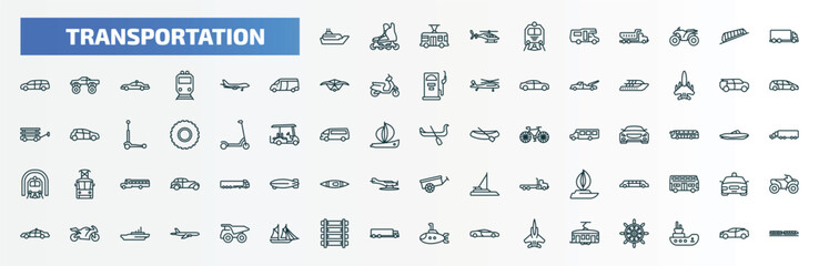 special lineal transportation icons set. outline icons such as cruiser, train front, lorry, jumbo jet, eco-friendly transport, gondola, limousine, motorbike, railway line, tramway line icons.