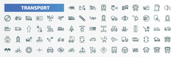 special lineal transport icons set. outline icons such as luxury yacht, small helicopter, car lights, stability, hands free device, scholar bus stop, bobsleigh, bicycle, bikes, steering line icons.