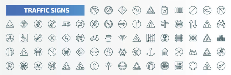 special lineal traffic signs icons set. outline icons such as no turn, pothole, no turn right, caravan, narrow road, , no stopping, virus, ahead only, motorway line icons.