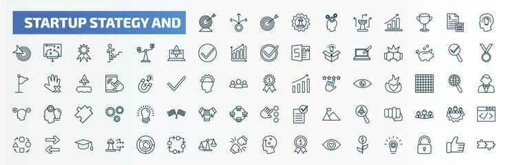 special lineal startup stategy and icons set. outline icons such as purpose, strategy thought, startup head, comparison, validate, first, fist, exchanging, balance, investment line icons.
