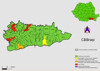 Vector map of the administrative divisions of Calarasi county with communes, city, municipalities, county seats  