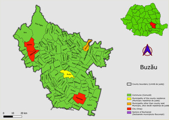 Vector map of the administrative divisions of Buzau county with communes, city, municipalities, county seats  