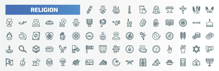 special lineal religion icons set. outline icons such as mezuzah, diet, dua hands, cobra, shehnai, , one god, dreidel, koran, hamantaschen line icons.
