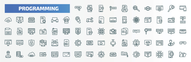 special lineal programming icons set. outline icons such as web domain, game development, responsive, cross-platform, seo reputation, microchip, seo tags, mysql, bug report, api line icons.