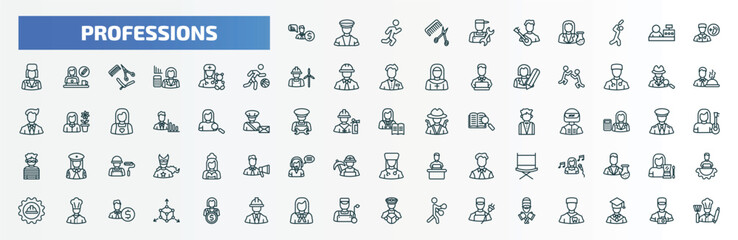 special lineal professions icons set. outline icons such as financial advisor, plumber, podiatrist, pediatrician, detective, teacher, singer, chef, lawyer, lumberjack line icons.