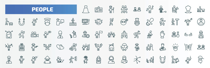 special lineal people icons set. outline icons such as bride dress, parents, father and son shopping, curier, man playing a flute, occupant, tumb up business man, napoleon figure, woman carrying,