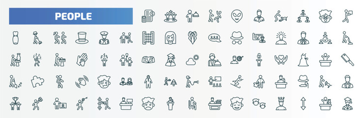 Naklejka premium special lineal people icons set. outline icons such as book keeper, alien smile, men carrying a box, policeman working, team work success, weathercaster, leader speech, success man happy, sad smile,