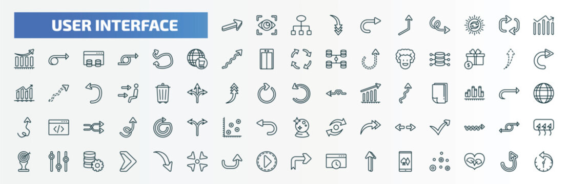 special lineal user interface icons set. outline icons such as 3d forward arrow, right curve, vertical data bars, swirly scribbled arrow, up broken line arrow, back up, check mark box plot, curved