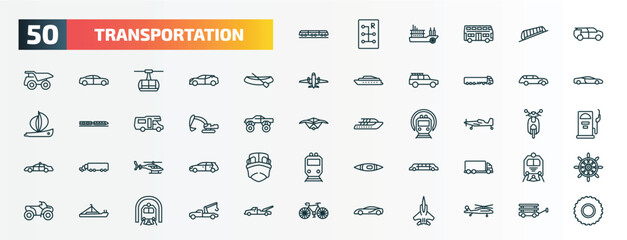 set of 50 special lineal transportation icons. outline icons such as light rail, eco-friendly transport, dugout canoe, hearse, excavators, crop duster, helicopter profile, limousine, pt boat, sports