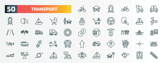 set of 50 special lineal transport icons. outline icons such as bicycle side view, electro car, parking men, sailing boat, recycling truck, scholar bus stop, seatbelt, slippy road, stability,
