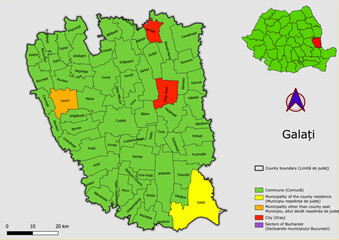 Vector map of the administrative divisions of Galati county with communes, city, municipalities, county seats  