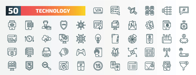 Fototapeta na wymiar set of 50 special lineal technology icons. outline icons such as kerning, microblogging, multichannel marketing, web apps, customize, user persona, office printer, affiliate marketing, css3, a/b