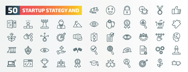 set of 50 special lineal startup stategy and icons. outline icons such as balance, thumb up, overcome, strategy game, resources, management, vision, discussion, web development, fight line icons.