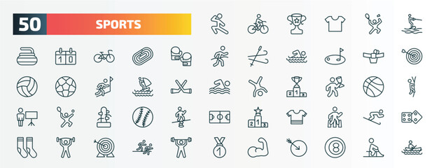 set of 50 special lineal sports icons. outline icons such as karate, wakeboarding, boxing gloves, mawashi, windsurf sea, man award, wing chun, football jersey, exercise gym, muscle line icons.