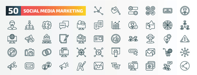 Fototapeta na wymiar set of 50 special lineal social media marketing icons. outline icons such as social normal, user avatar, mass media, net, suggestion, mexican man, overlap, buttons, post stamp, square bubble line