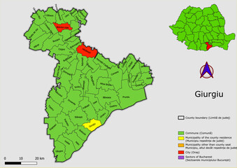 Vector map of the administrative divisions of Giurgiu county with communes, city, municipalities, county seats  