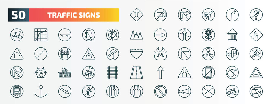 set of 50 special lineal traffic signs icons. outline icons such as narrow bridge, no doubt, magnetic field, museum, pothole, nuclear, police station, narrow road, port, no waiting line icons.