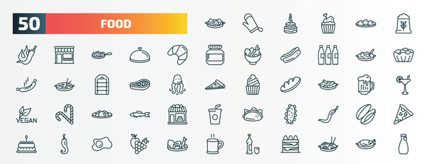 Fototapeta na wymiar set of 50 special lineal food icons. outline icons such as soy eggs, fodder, french, noodle soup, foods, guotie, yusheng, sea cucumber, chili pepper, alcoholic line icons.