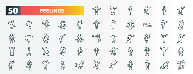 set of 50 special lineal feelings icons. outline icons such as confident human, terrible human, bad human, grateful pissed off pretty positive better loved hopeful line icons.