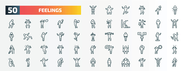 set of 50 special lineal feelings icons. outline icons such as safe human, hungry human, lovely human, exhausted energized emotional amused free scared beautiful line icons.