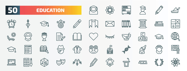set of 50 special lineal education icons. outline icons such as astronaut, robin hood, pen, books, as, alphabet, ebook, dna, watercolor, don quixote line icons.